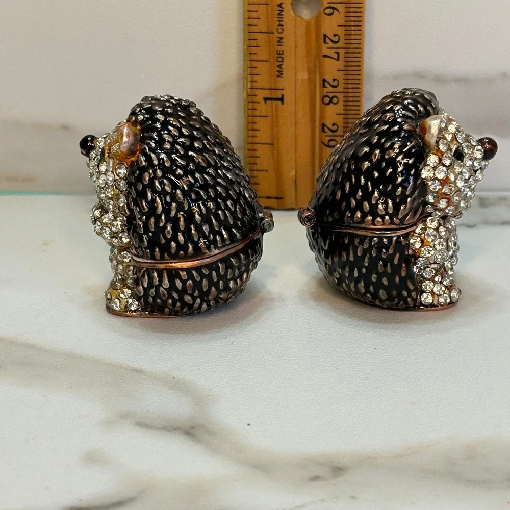 Vintage Style Crystal Hedgehog Trinket Box Set with Mini Owl Figurine 2pc